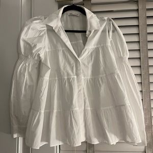Zara poplin white button up with tiered and ruched details